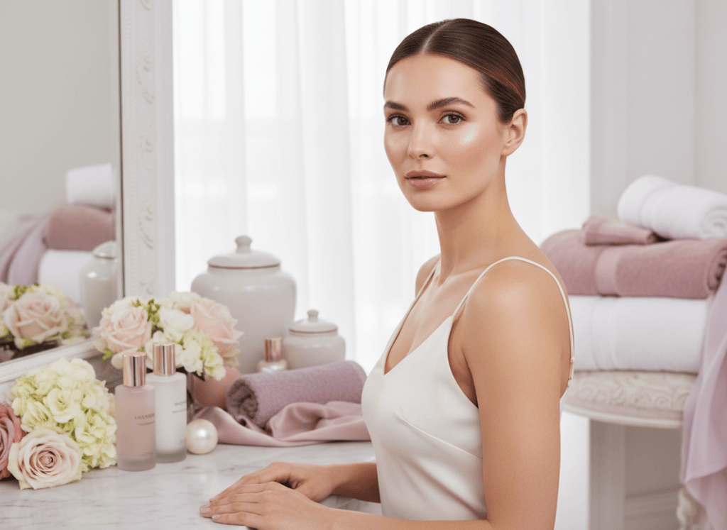 Stylish adult with a polished natural glow after completing a simple skincare routine at a glamorous vanity.
