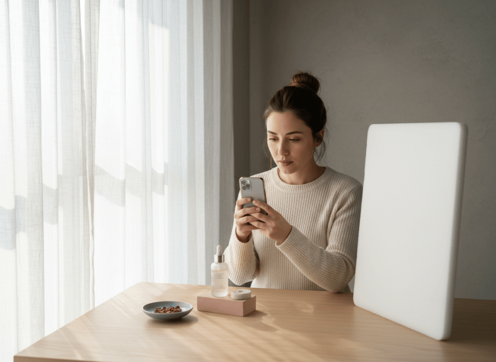 Small-business owner photographing a product with a smartphone beside a window and white reflector.