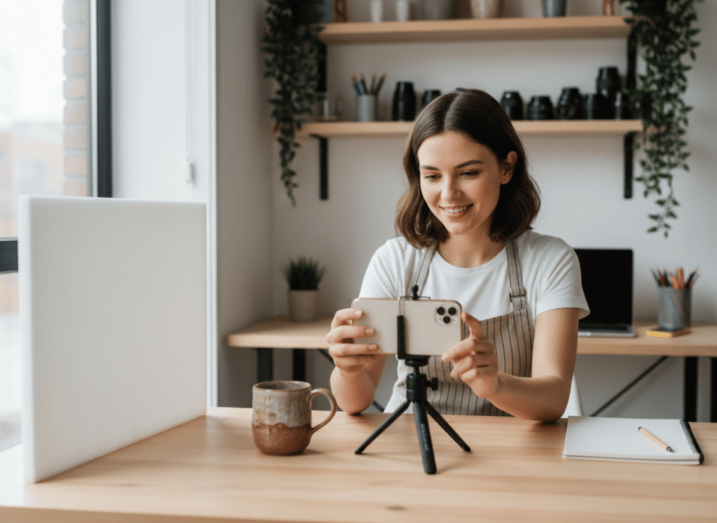 Small business owner photographing a product with a smartphone in a simple studio setup.