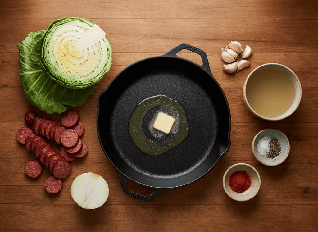 Cabbage, smoked sausage, onion, garlic, broth, butter, and seasonings arranged beside a skillet.