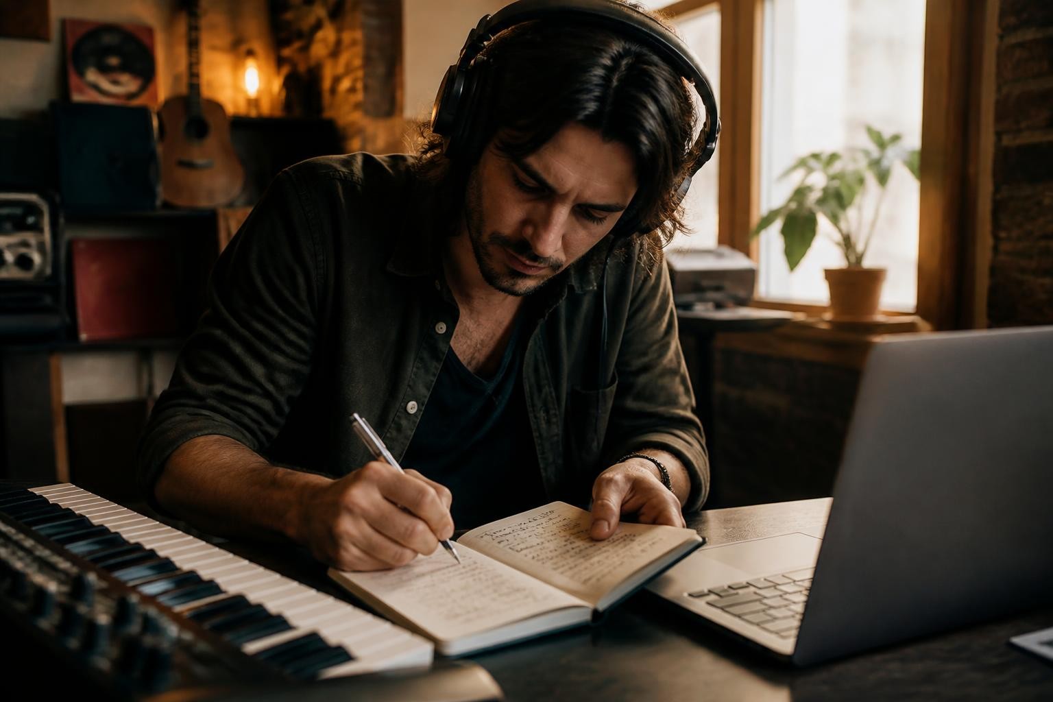 Songwriter listening critically and revising lyrics in a home studio.