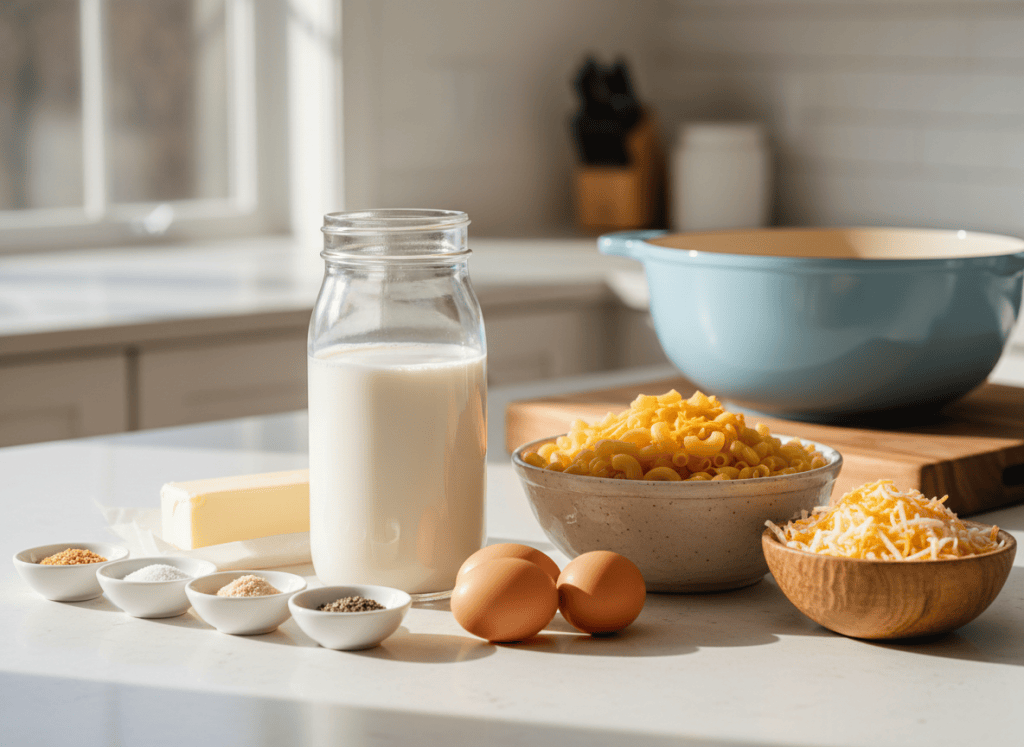 Southern baked macaroni and cheese ingredients with milk in a tall clear glass jar, macaroni, cheeses, eggs, butter, and seasonings.