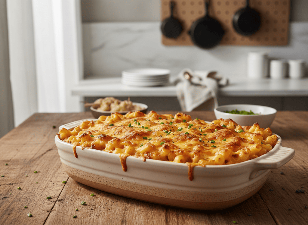 Golden Southern baked macaroni and cheese in a ceramic casserole dish.
