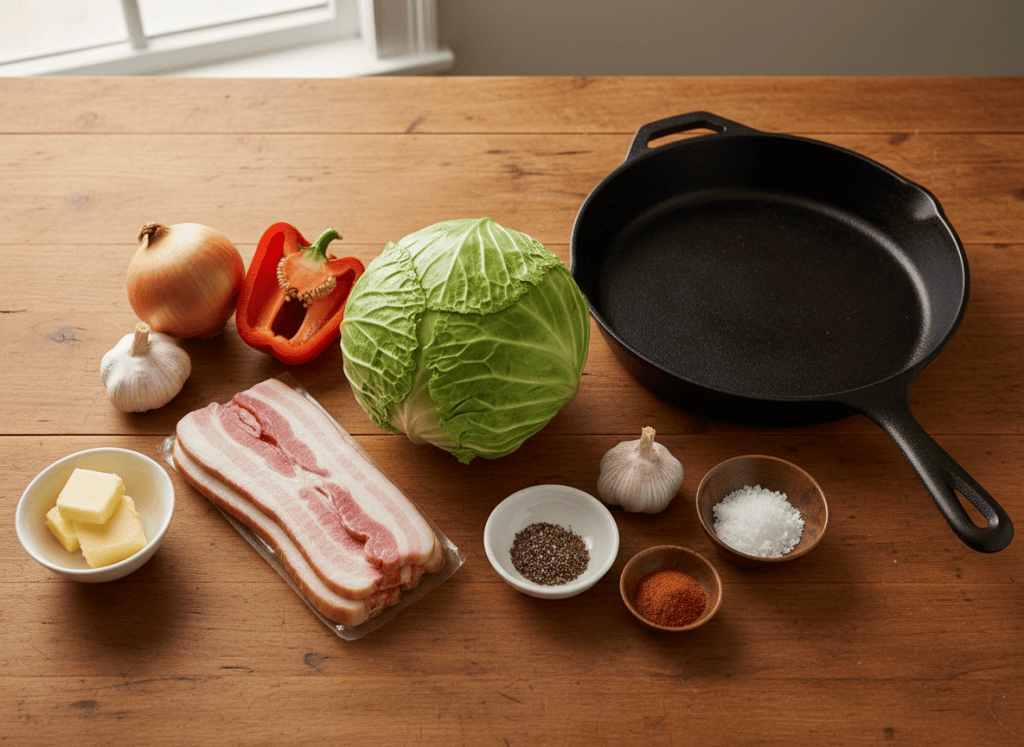 Cabbage, bacon, onion, pepper, garlic, butter, and seasonings arranged beside a cast-iron skillet.