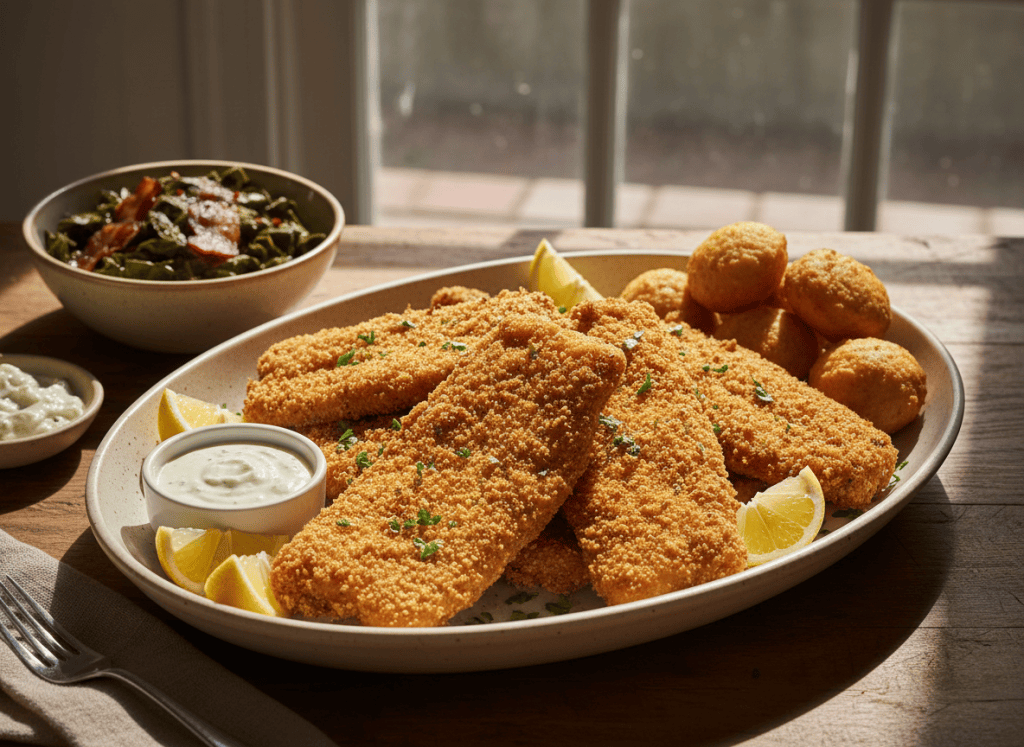 Southern fried catfish with lemon, tartar sauce, hushpuppies, and herbs.