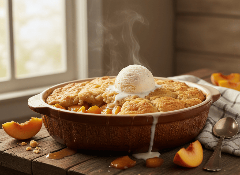 Warm peach cobbler with golden crust and vanilla ice cream.