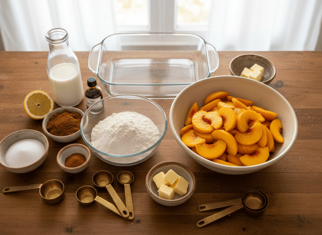 Peach cobbler ingredients arranged on a kitchen counter.