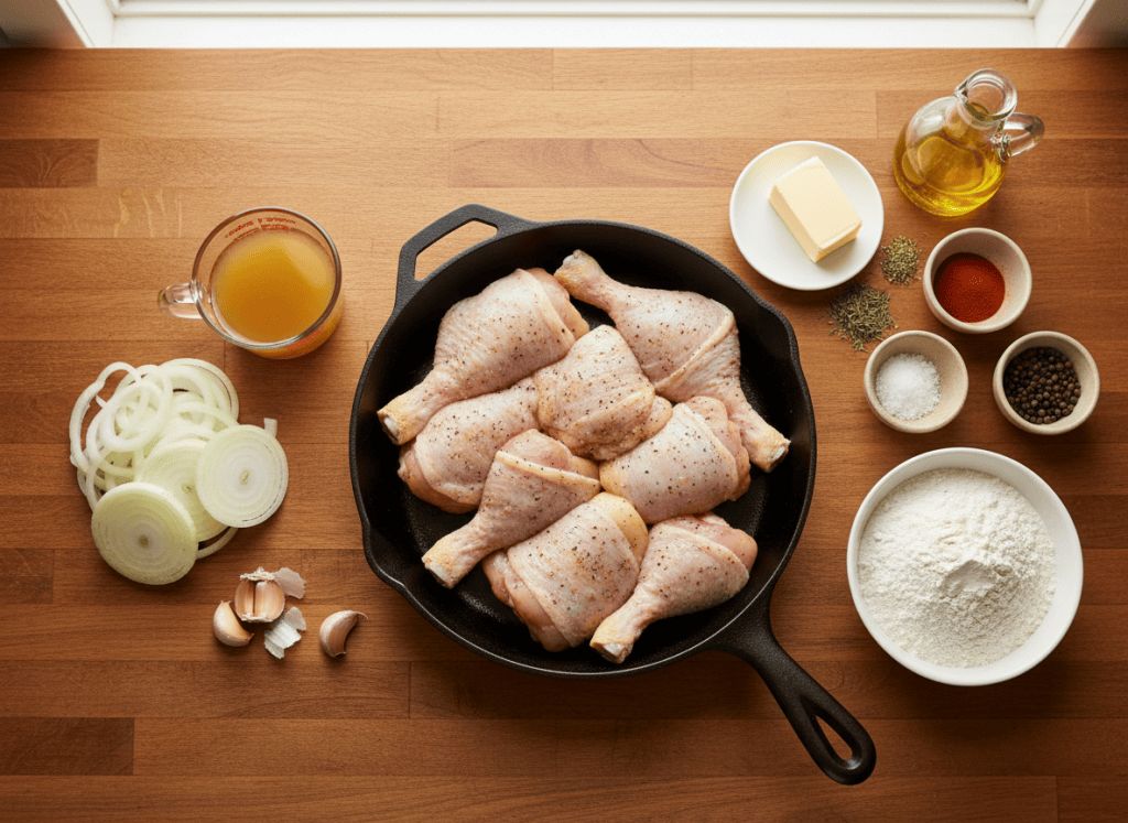 Chicken pieces, onion, garlic, flour, broth, butter, oil, and seasonings arranged beside a cast-iron skillet.
