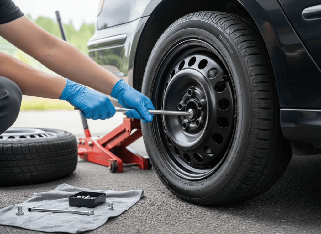 Gloved hands tightening lug nuts in a star pattern on an installed spare tire.