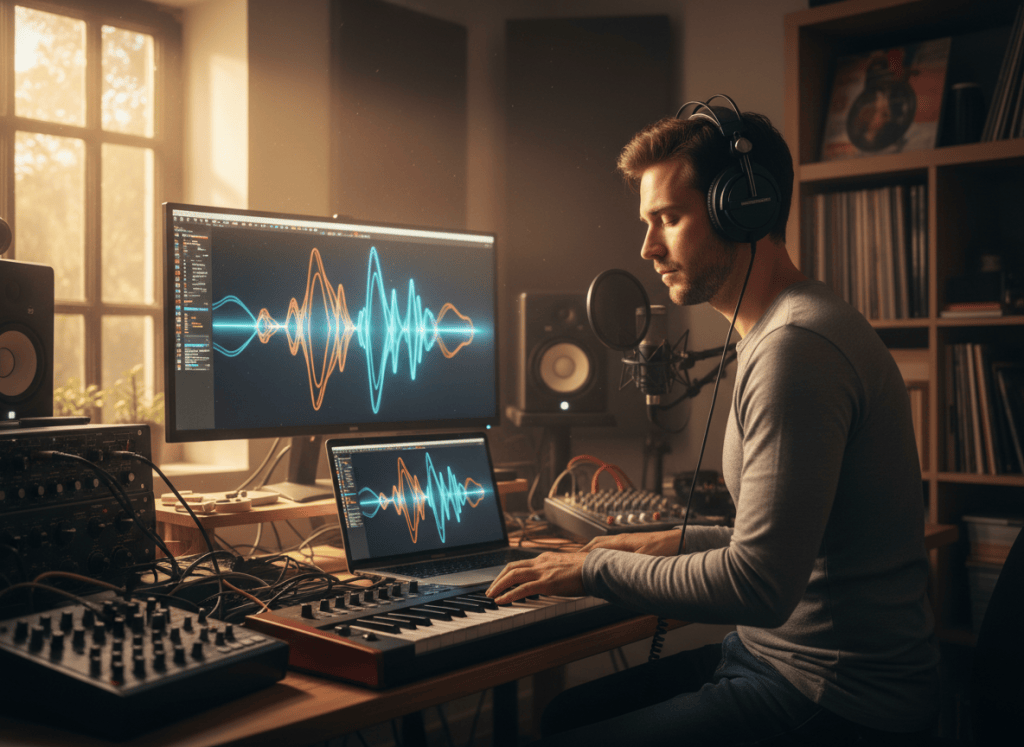 Musician using separated vocal and instrumental tracks for practice.