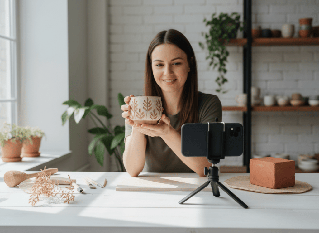 Creator filming a talking UGC-style product ad at a home studio table.