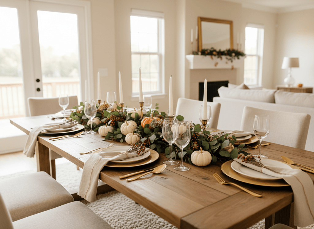Elegant Thanksgiving table with autumn centerpiece, candles, neutral linens, and layered place settings.