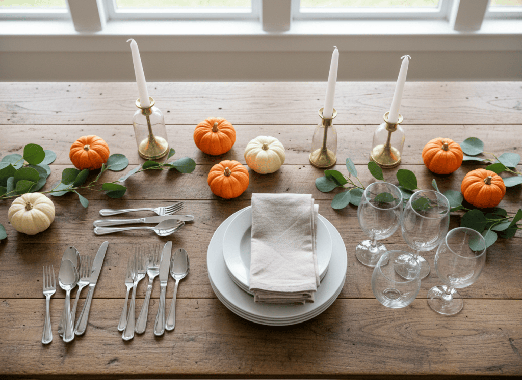 Thanksgiving table-setting supplies arranged before decorating, including plates, napkins, candles, greenery, and mini pumpkins.
