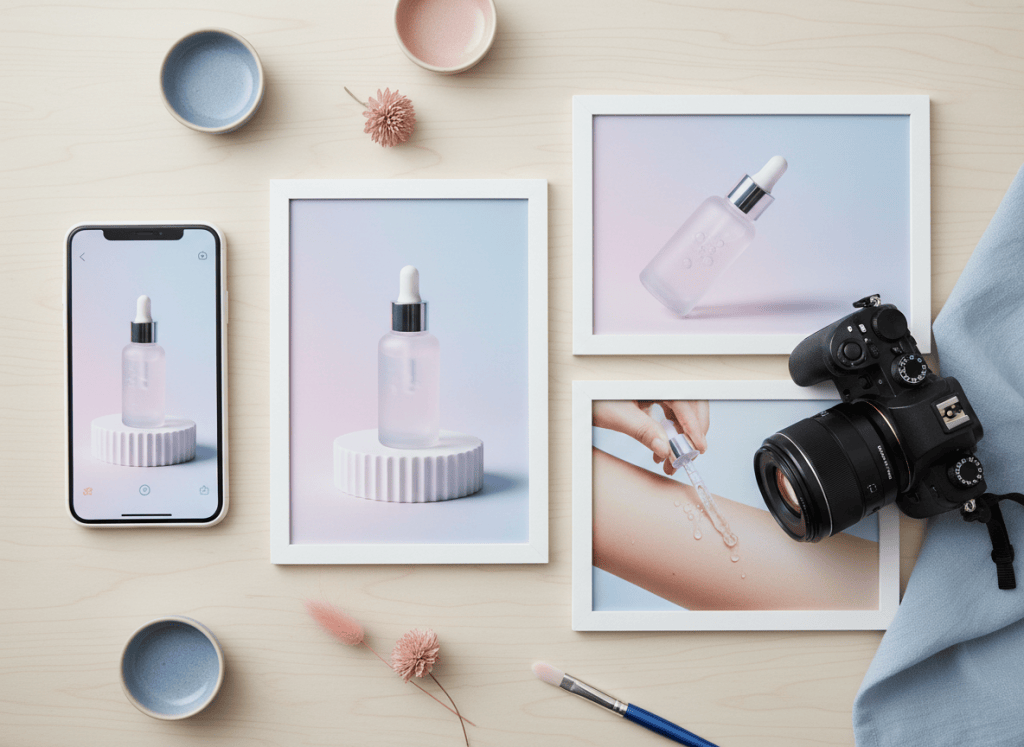Phone and printed examples showing hero, detail, and in-use product-photo angles.