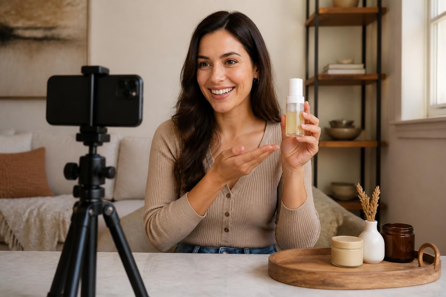 Creator demonstrating a product for a UGC-style video ad.