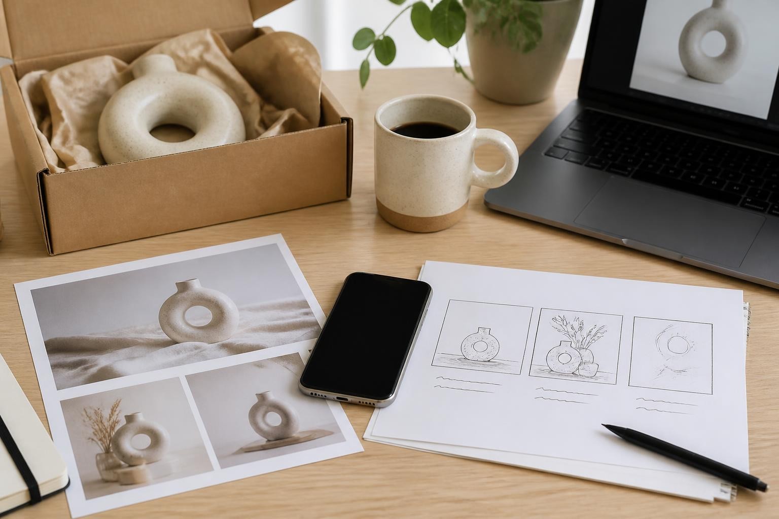 Product and storyboard arranged for planning a short video advertisement.