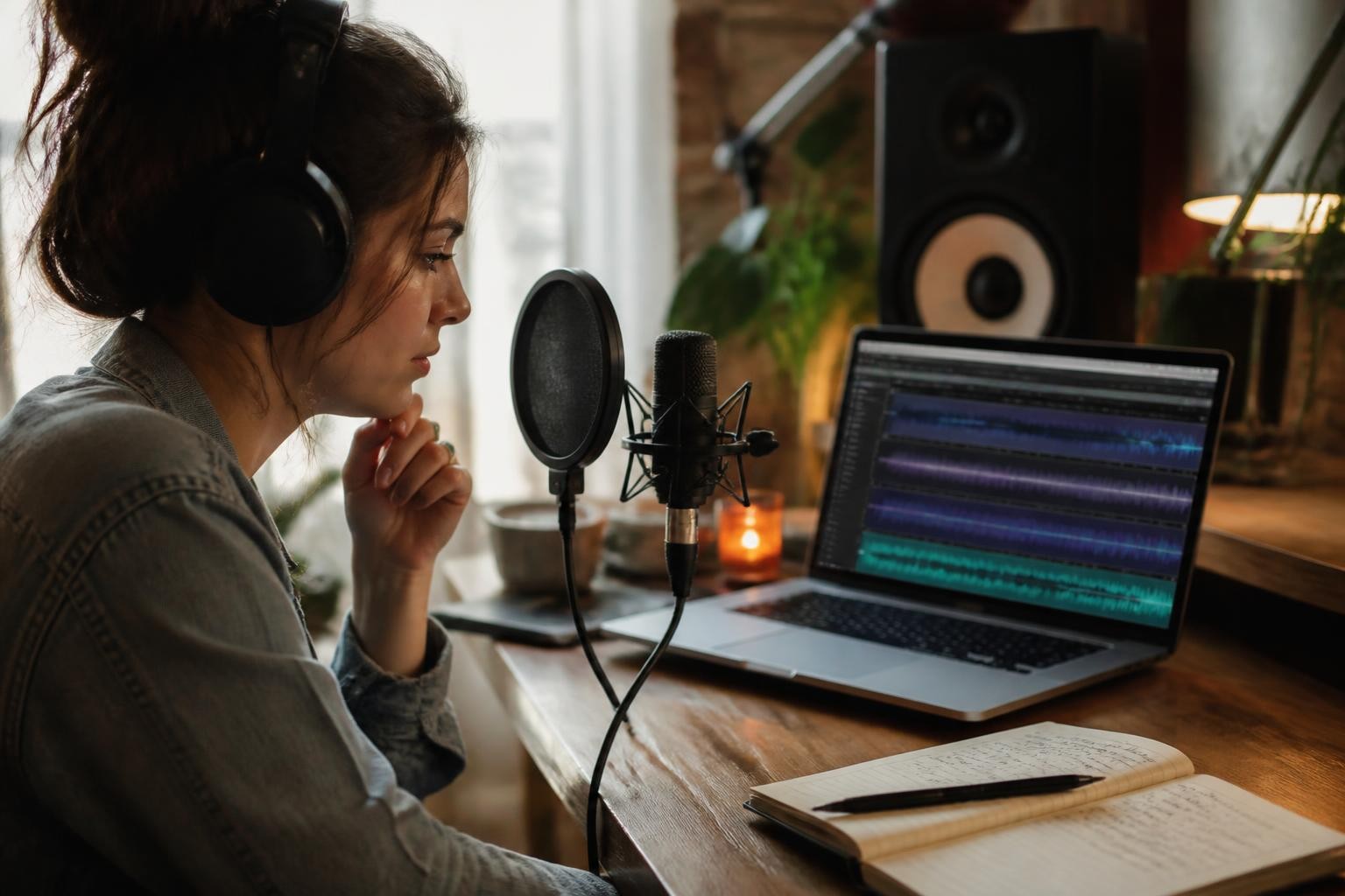 Singer reviewing layered vocal takes during a harmony workflow.