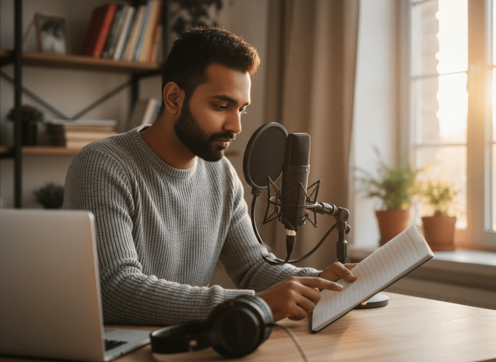 Creator recording a voice sample for a scripted voiceover.