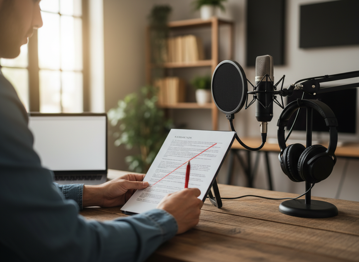 Creator reviewing a script beside a microphone before recording voiceover.