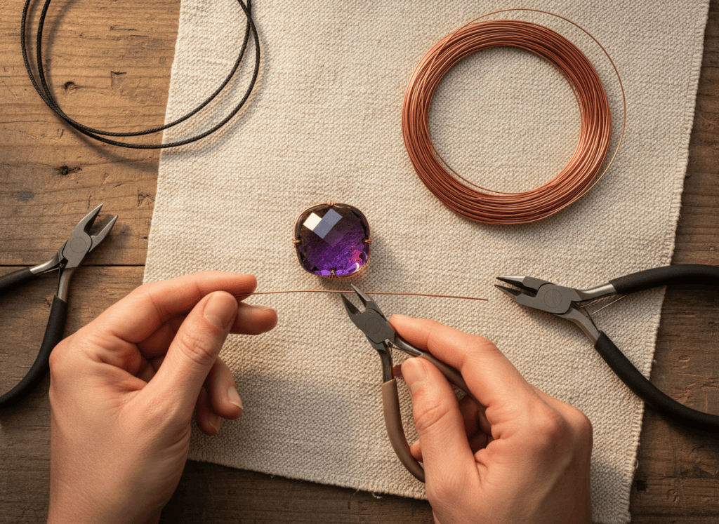 Hands measuring copper-tone wire beside a purple focal bead and jewelry tools.