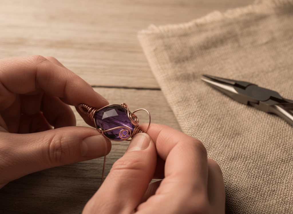 Hands anchoring copper-tone wire securely around a purple focal bead.