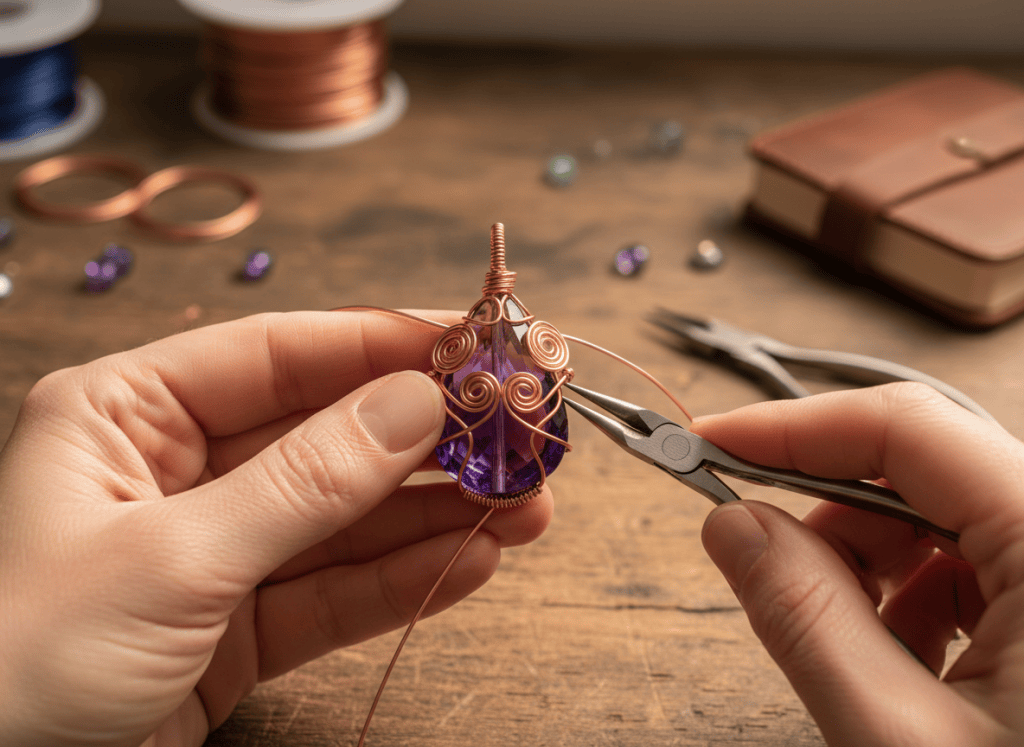 Hands crossing and coiling copper-tone wire decoratively around a purple pendant bead.