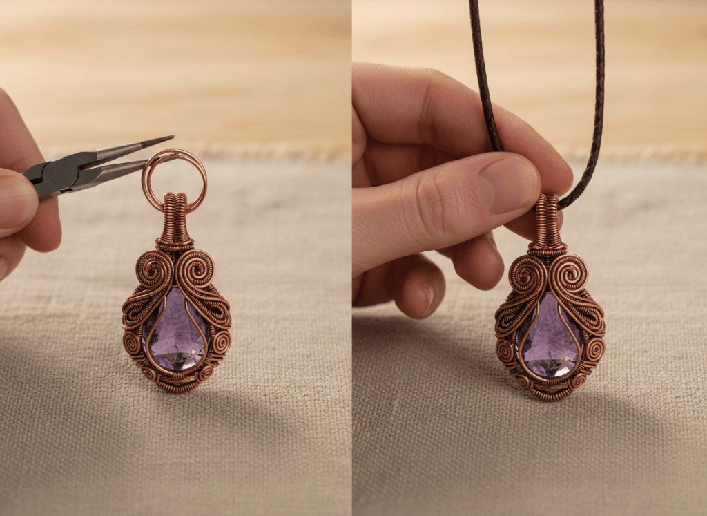 Hands forming the pendant bail and threading a dark cord through a copper wire-wrapped purple pendant.