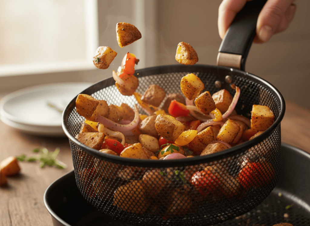 Breakfast potatoes, peppers, and onions crisping in an air fryer basket.