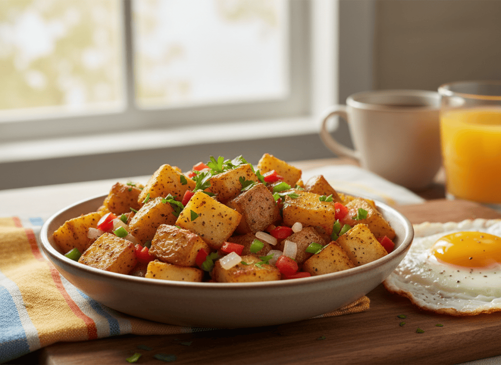 Crispy air fryer breakfast potatoes with peppers and onions.