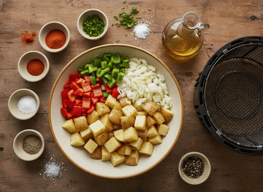 Ingredients for air fryer breakfast potatoes arranged on a kitchen table.