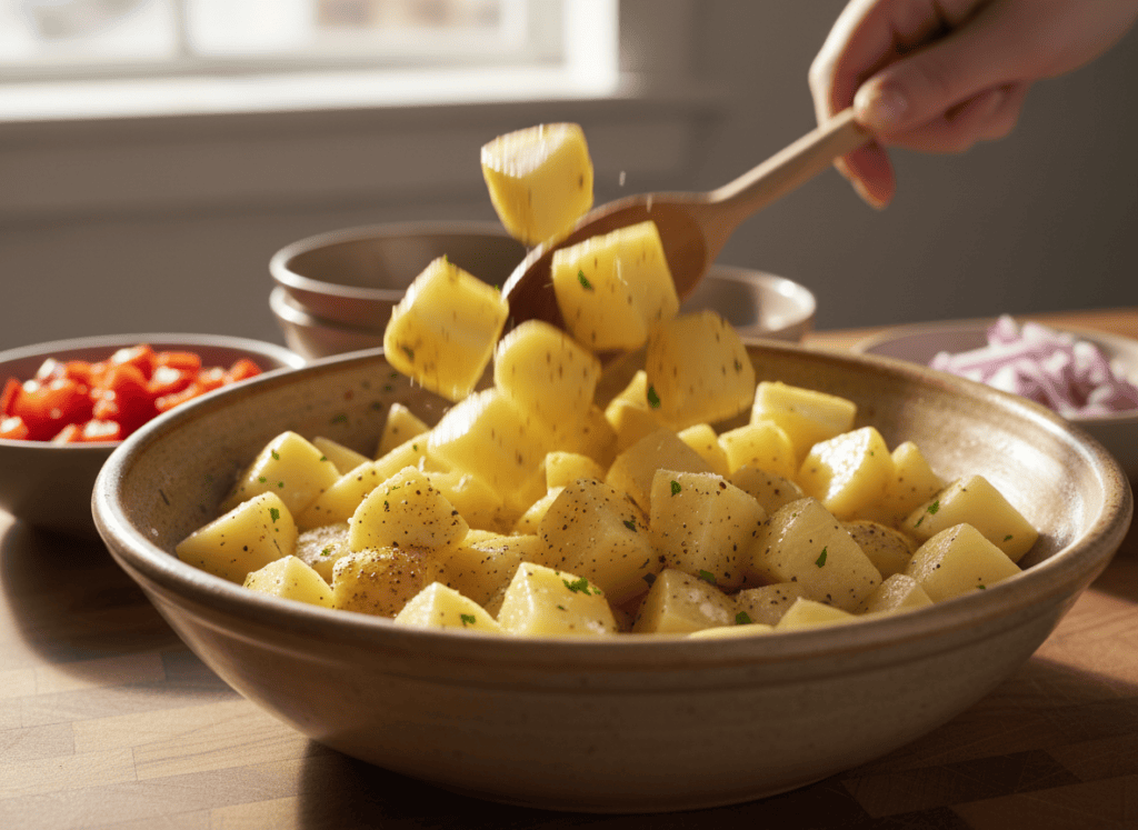 Diced potatoes being tossed with oil and breakfast seasonings.