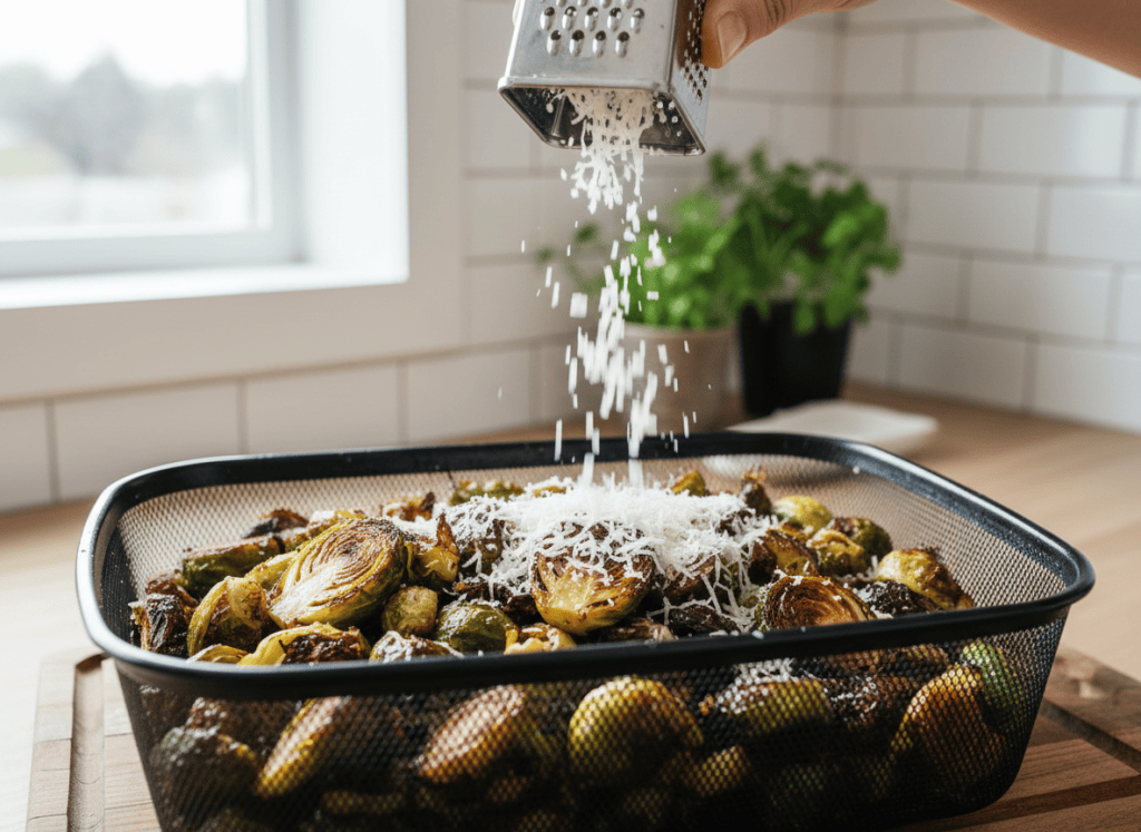 Crispy browned Brussels sprouts in an air fryer basket.