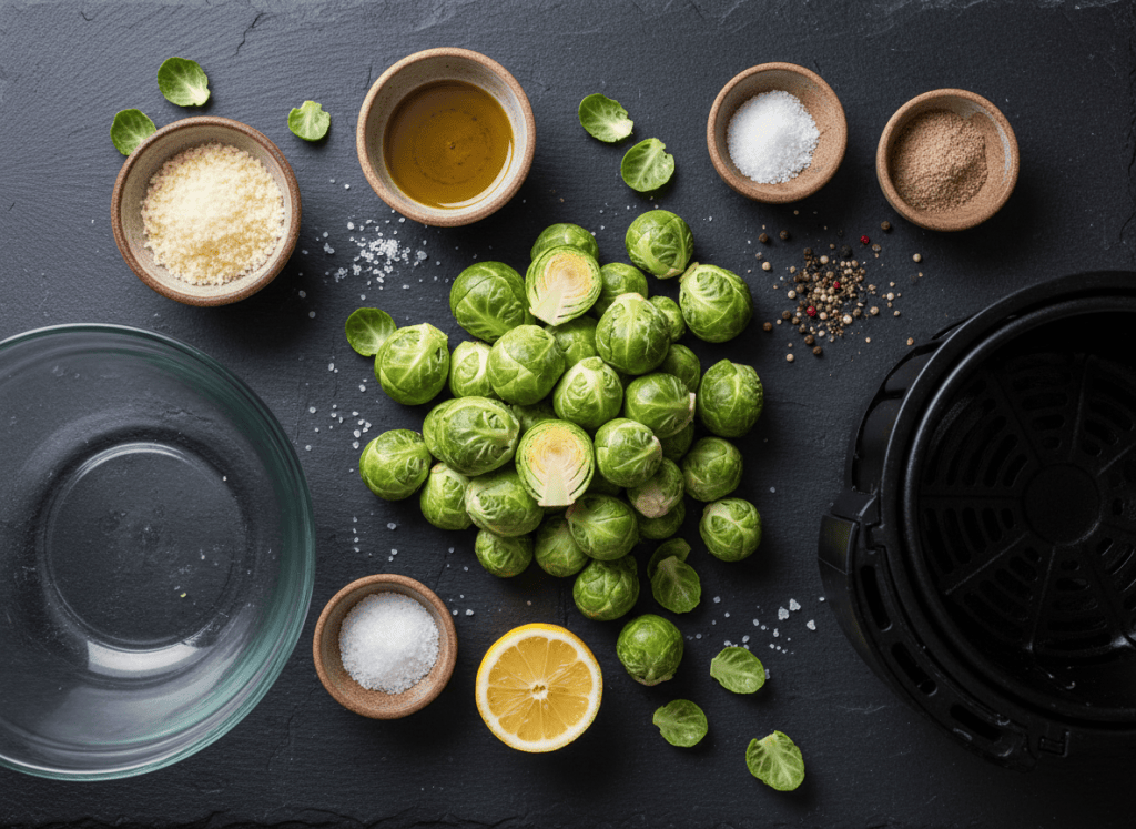 Ingredients for air fryer Brussels sprouts arranged on a kitchen table.
