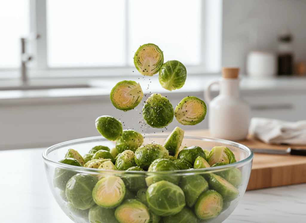 Halved Brussels sprouts being tossed with oil and seasonings.
