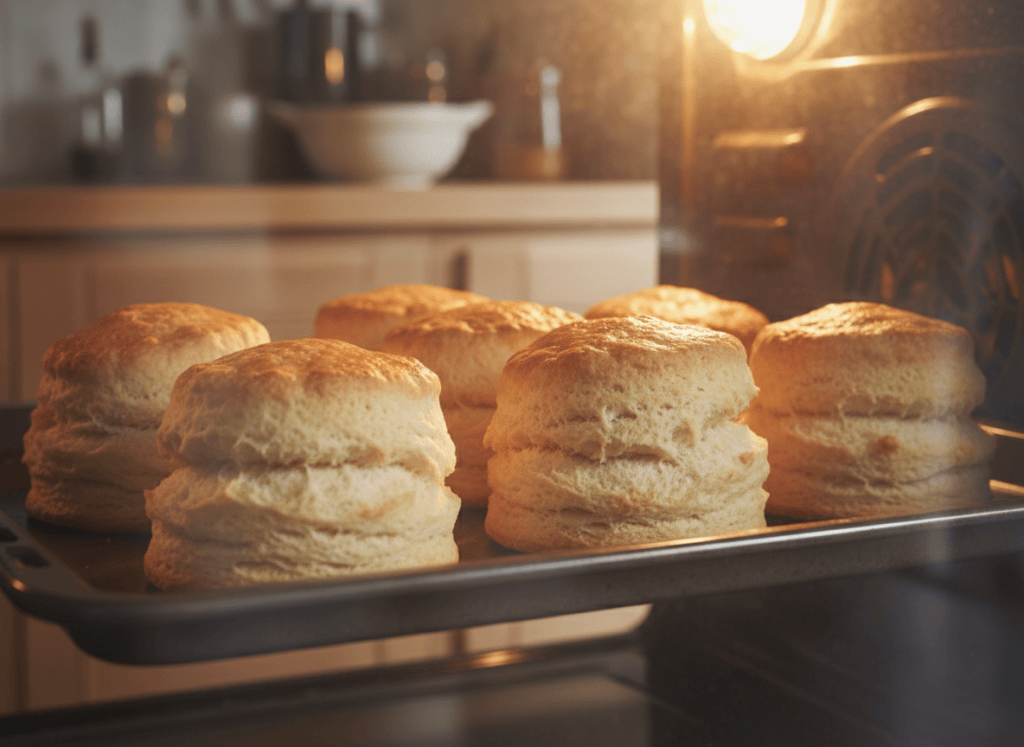 Flaky homemade biscuits baking until golden.