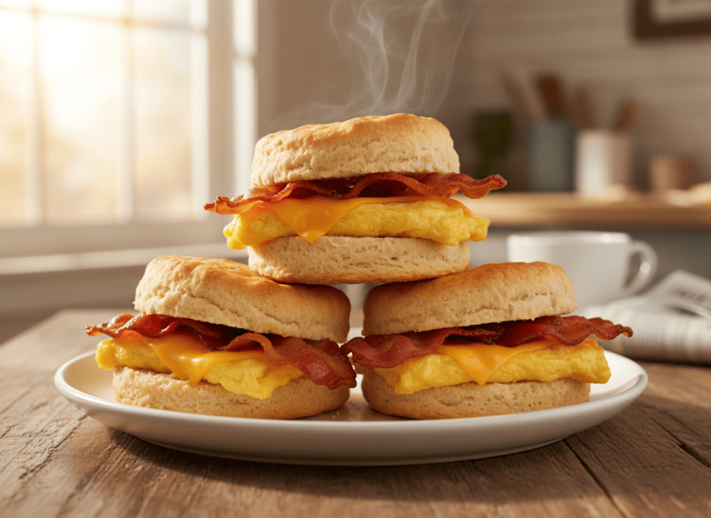Bacon egg and cheese biscuit sandwiches with flaky biscuits and melted cheddar.