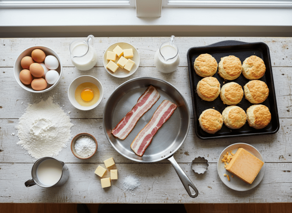 Ingredients for bacon egg and cheese biscuit sandwiches.