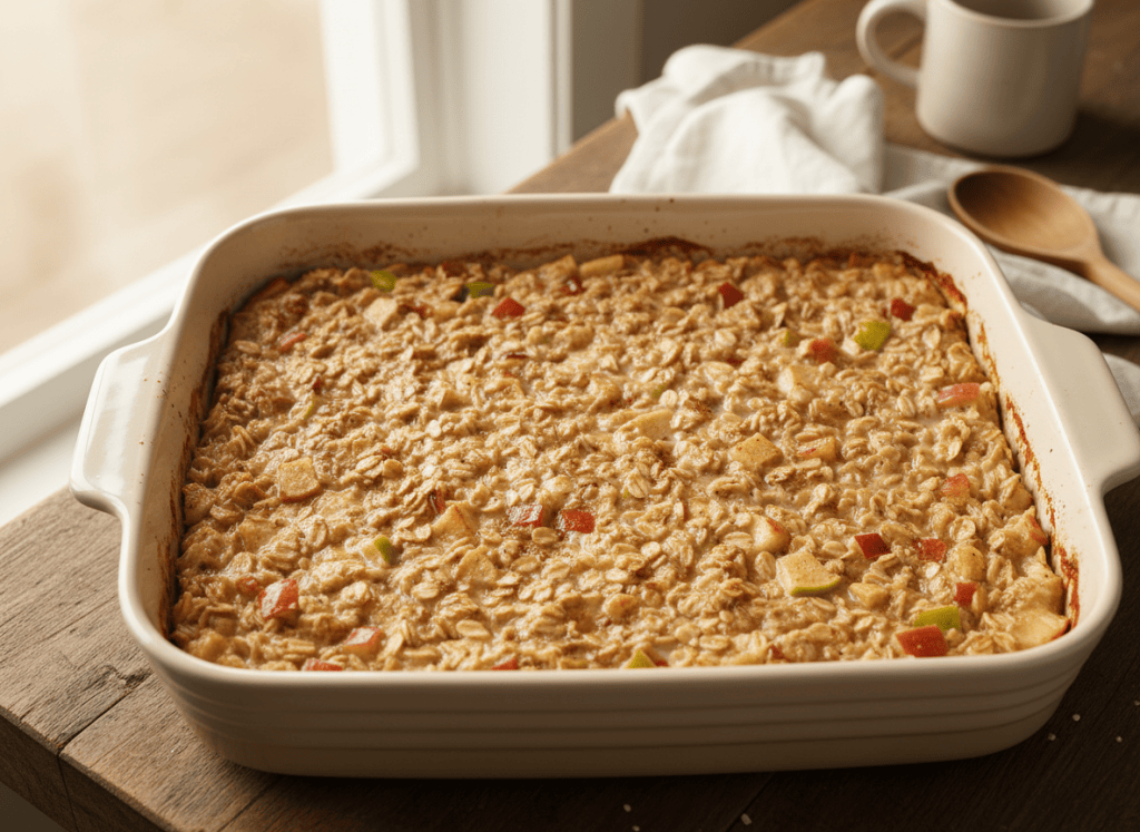 Apple cinnamon oatmeal mixture spread in a baking dish before baking.