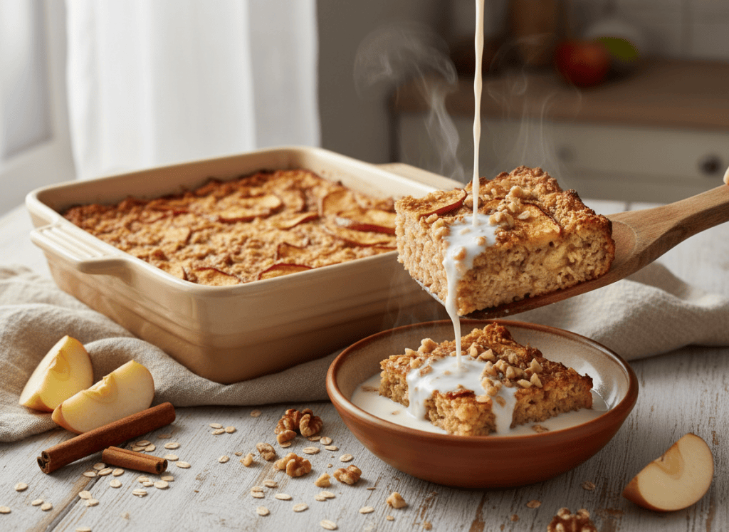 Baked apple cinnamon oatmeal with tender apples and a golden oat top.