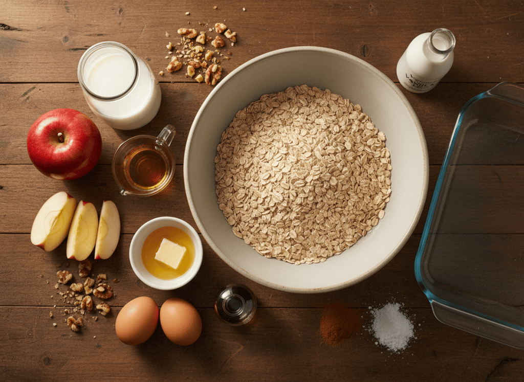 Ingredients for baked apple cinnamon oatmeal arranged on a kitchen table.