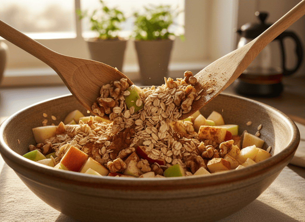 Rolled oats, apples, cinnamon, and walnuts being mixed for baked oatmeal.