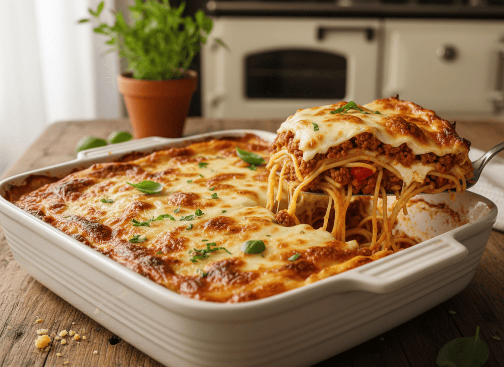 Baked spaghetti casserole with ground beef sauce and melted cheese.