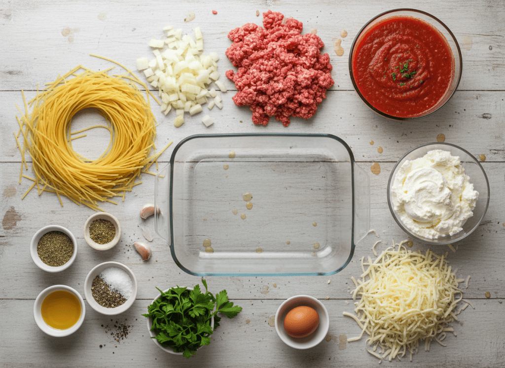 Ingredients for baked spaghetti arranged on a kitchen table.