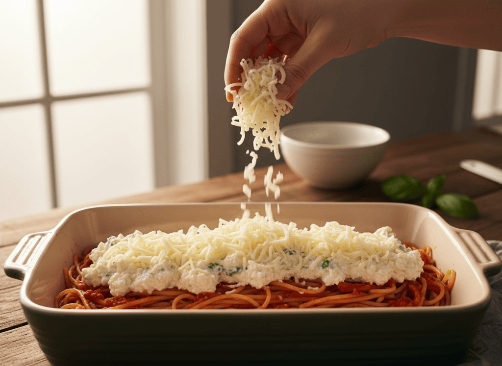 Baked spaghetti layered with meat sauce, ricotta, and mozzarella in a casserole dish.