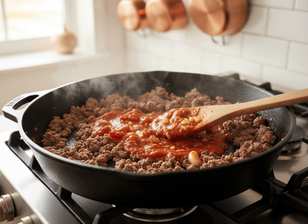 Ground beef and onion cooking with tomato sauce for baked spaghetti.