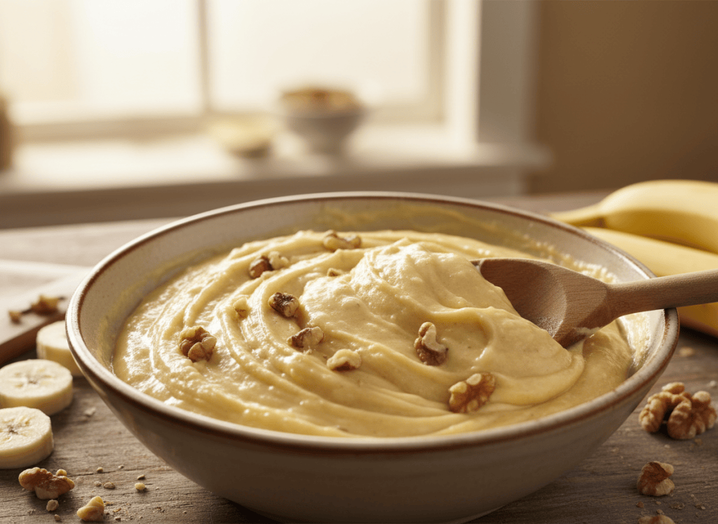 Banana and toasted walnuts being folded into pancake batter.
