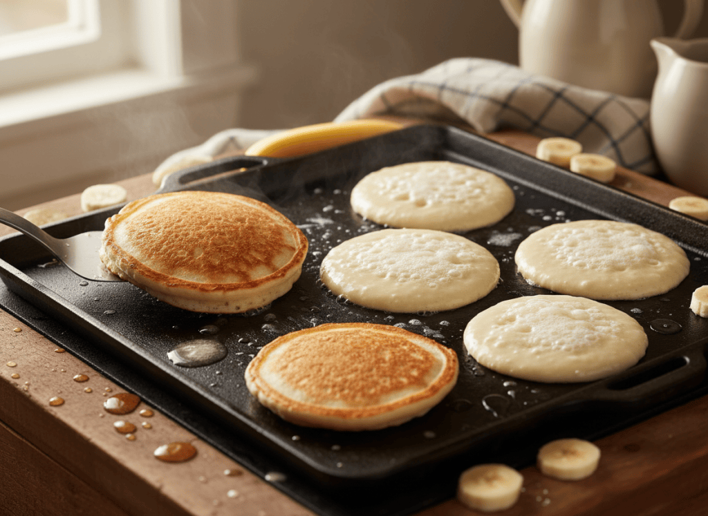 Banana pancakes cooking on a hot griddle.