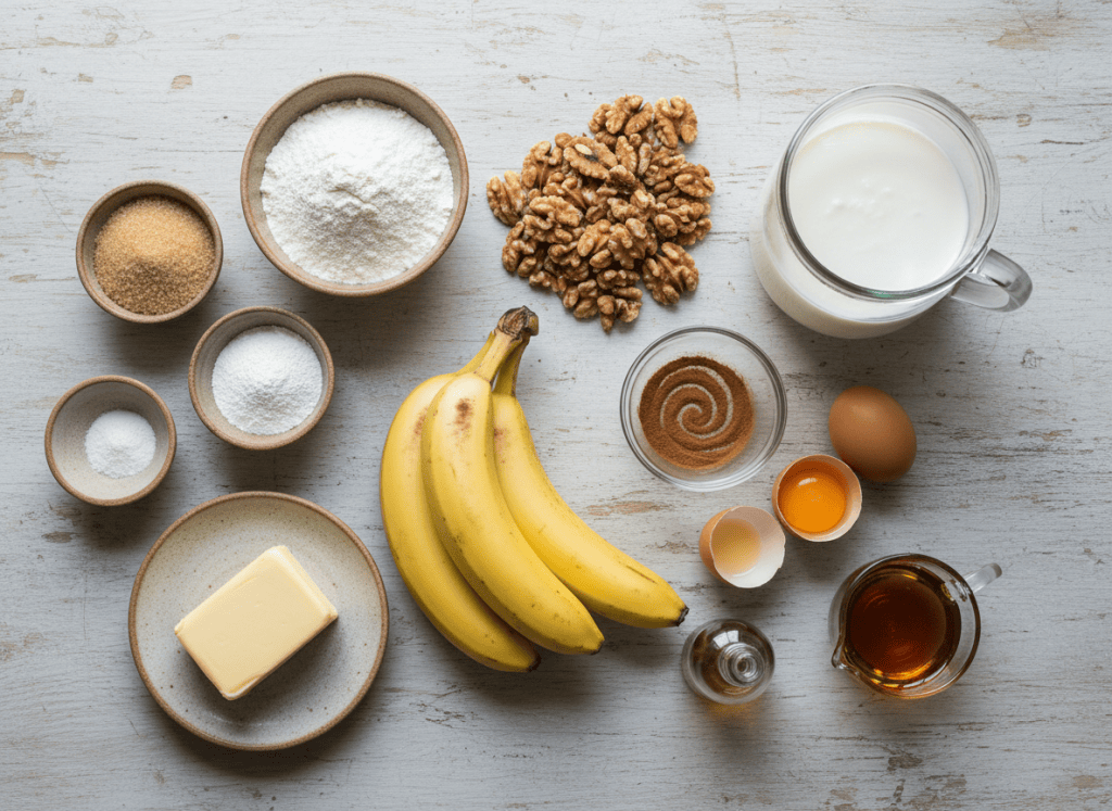 Ingredients for banana walnut pancakes.