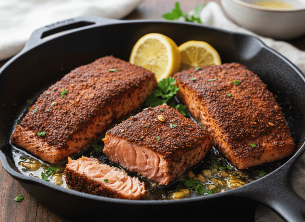 Blackened salmon fillets with a dark Cajun crust, garlic butter, lemon, and parsley.