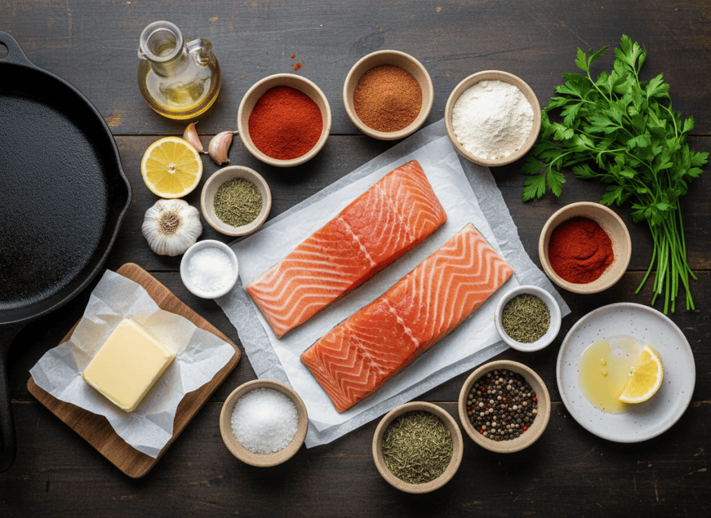 Ingredients for blackened salmon arranged on a kitchen table.